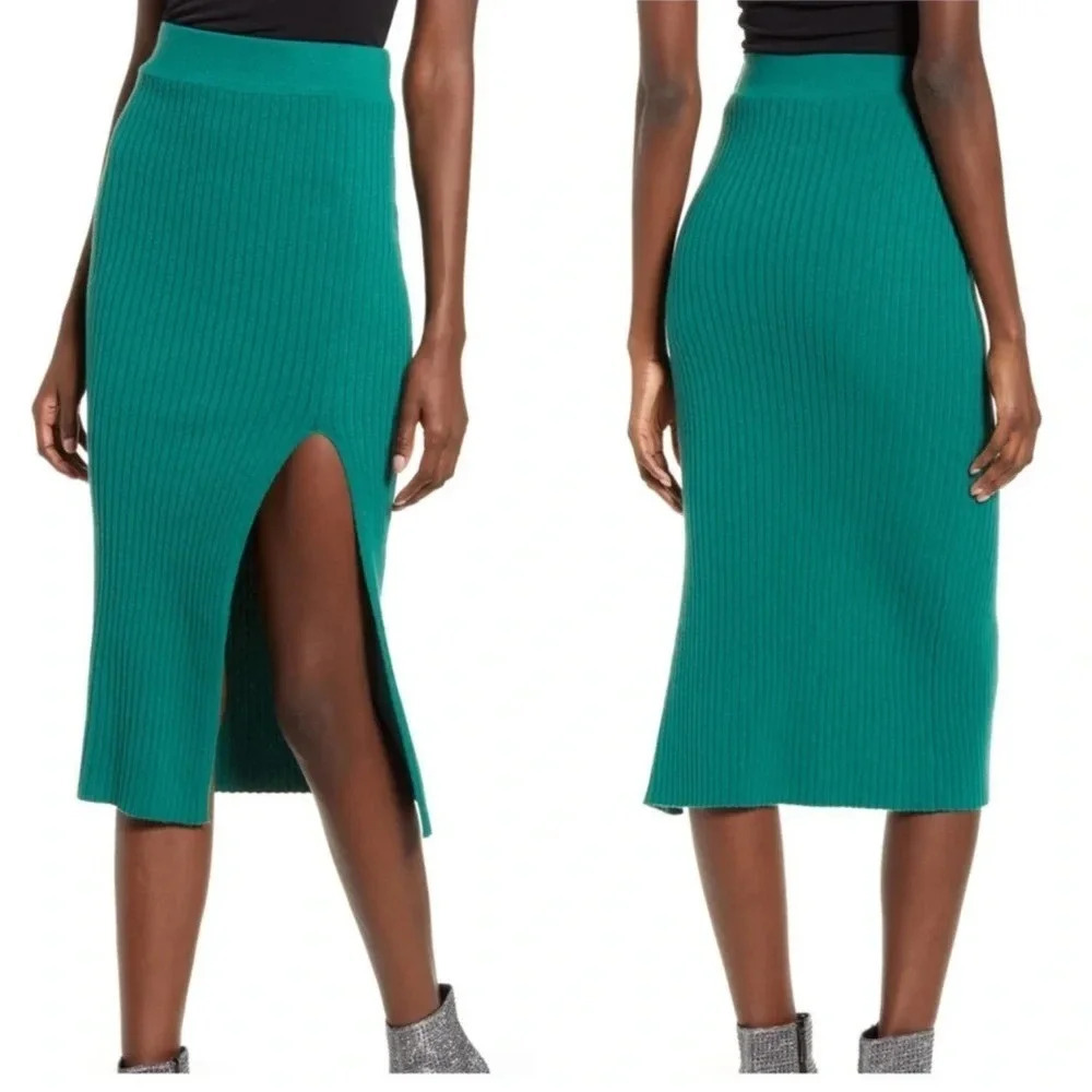 Leith Nordstrom Side Slit Knit Ribbed MIDI Skirt
